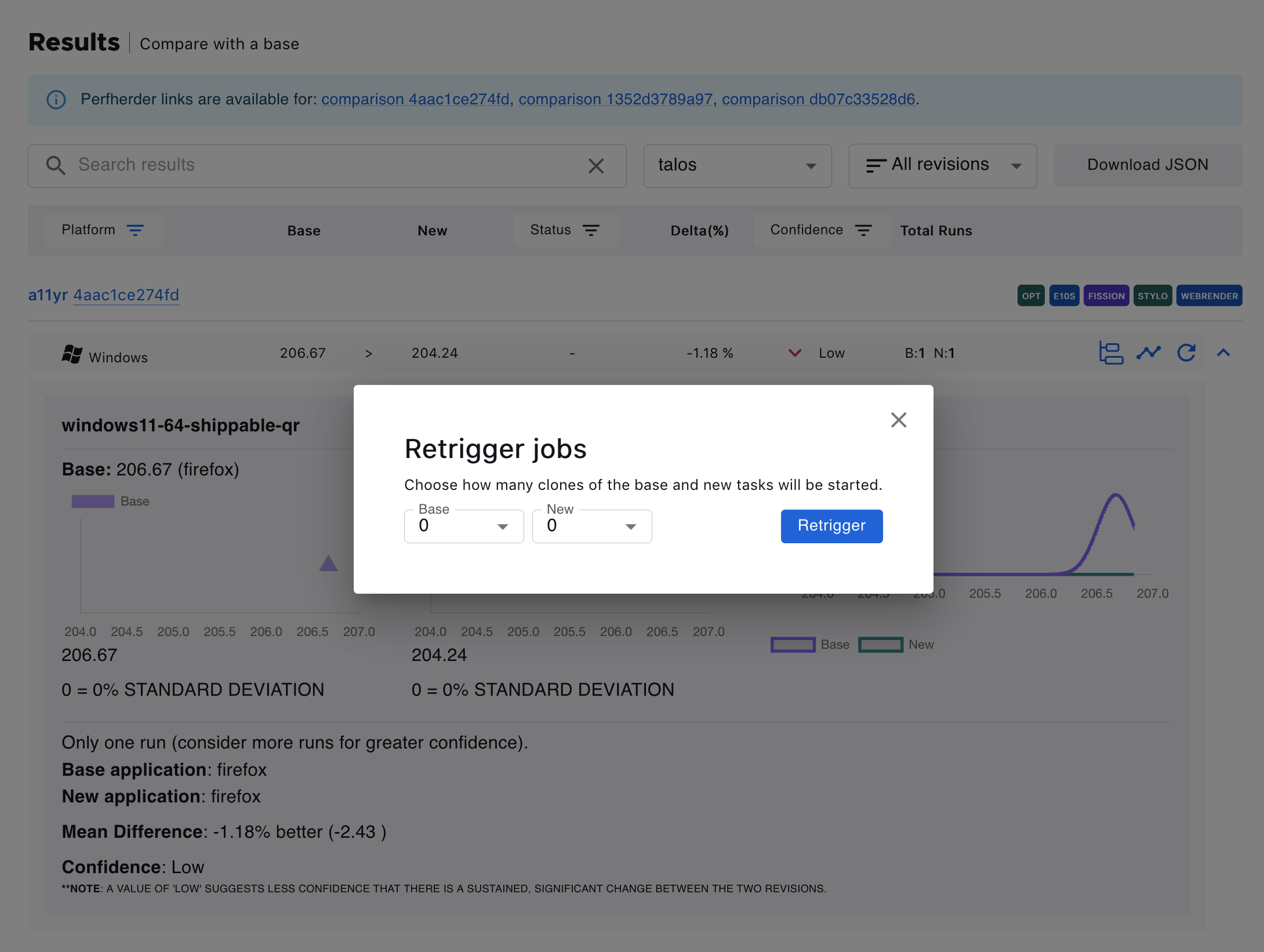 PerfCompare Results Table with Retrigger Jobs Dialog